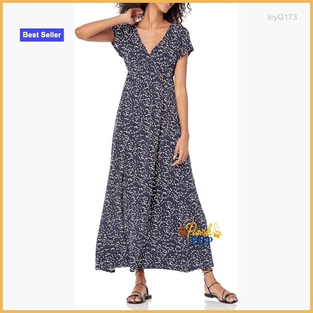V-Neck Short Sleeve Waisted Maxi Dress Fit & Flare Rayon Stretch Jersey - Picture 1 of 7